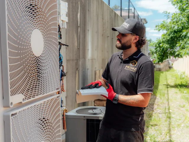 Prime technician servicing an outdoor mini-split condenser
